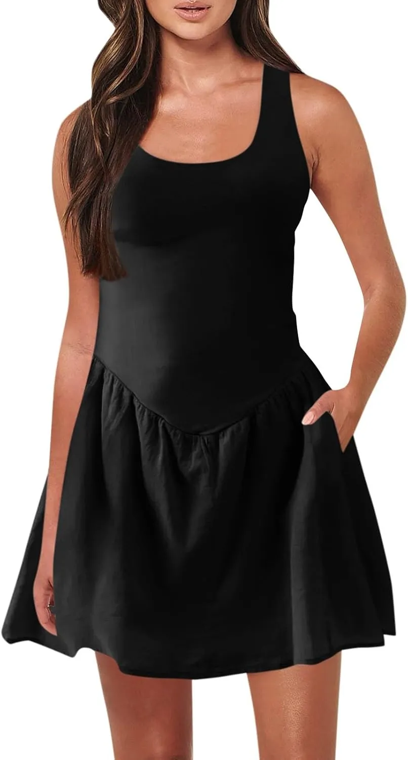 Womens Drop Waist Dress Casual Scoop Neck Backless Mini Tank Dress Summer Vacation Beach Dress Athletic Tennis Dress