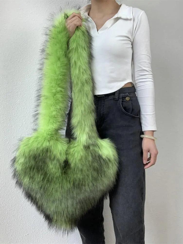 Women's Faux Fur Shoulder Purse Fleece Love Bag Heart Shape Y2k Crossbody Bag Chic Handbag Shoulder Bag