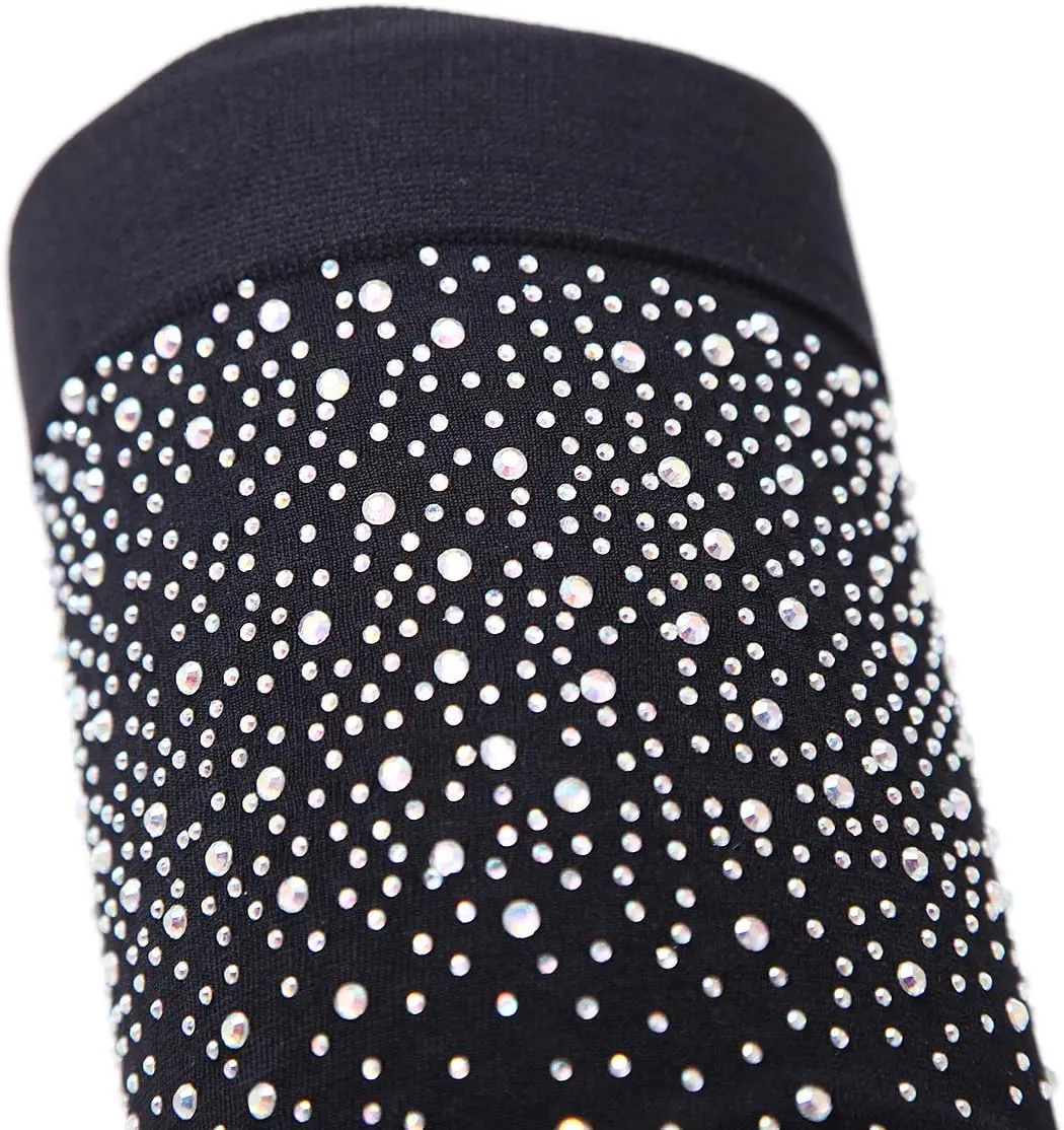 Womens Fine Stretch Mesh Socks Fit Sparkly Glamor Sexy Thigh High Heeled Boots with Rhinestones