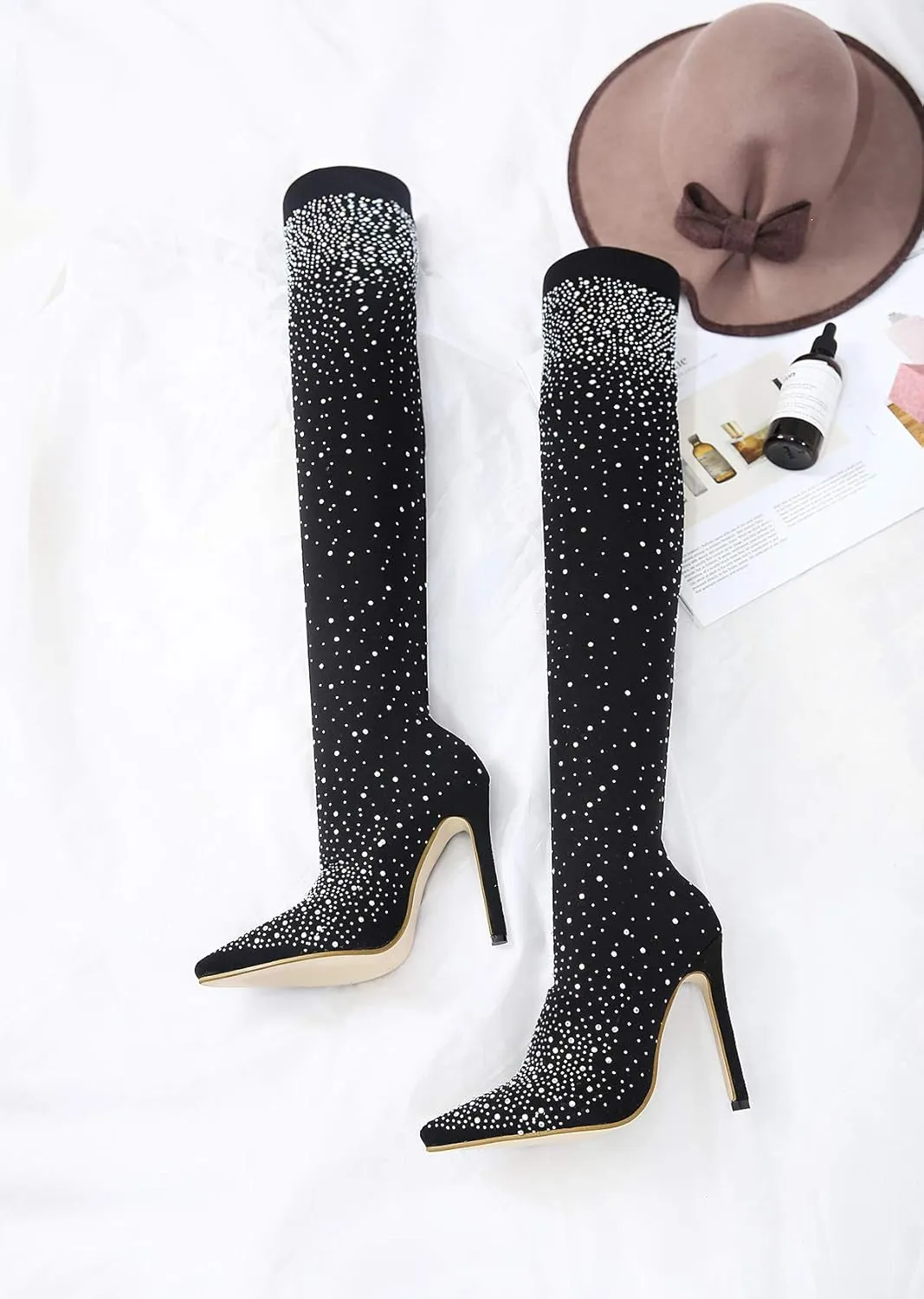 Womens Fine Stretch Mesh Socks Fit Sparkly Glamor Sexy Thigh High Heeled Boots with Rhinestones