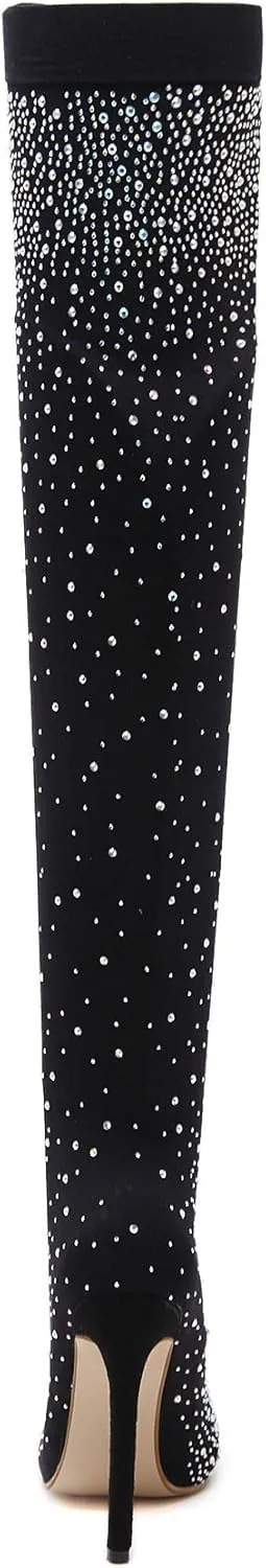 Womens Fine Stretch Mesh Socks Fit Sparkly Glamor Sexy Thigh High Heeled Boots with Rhinestones