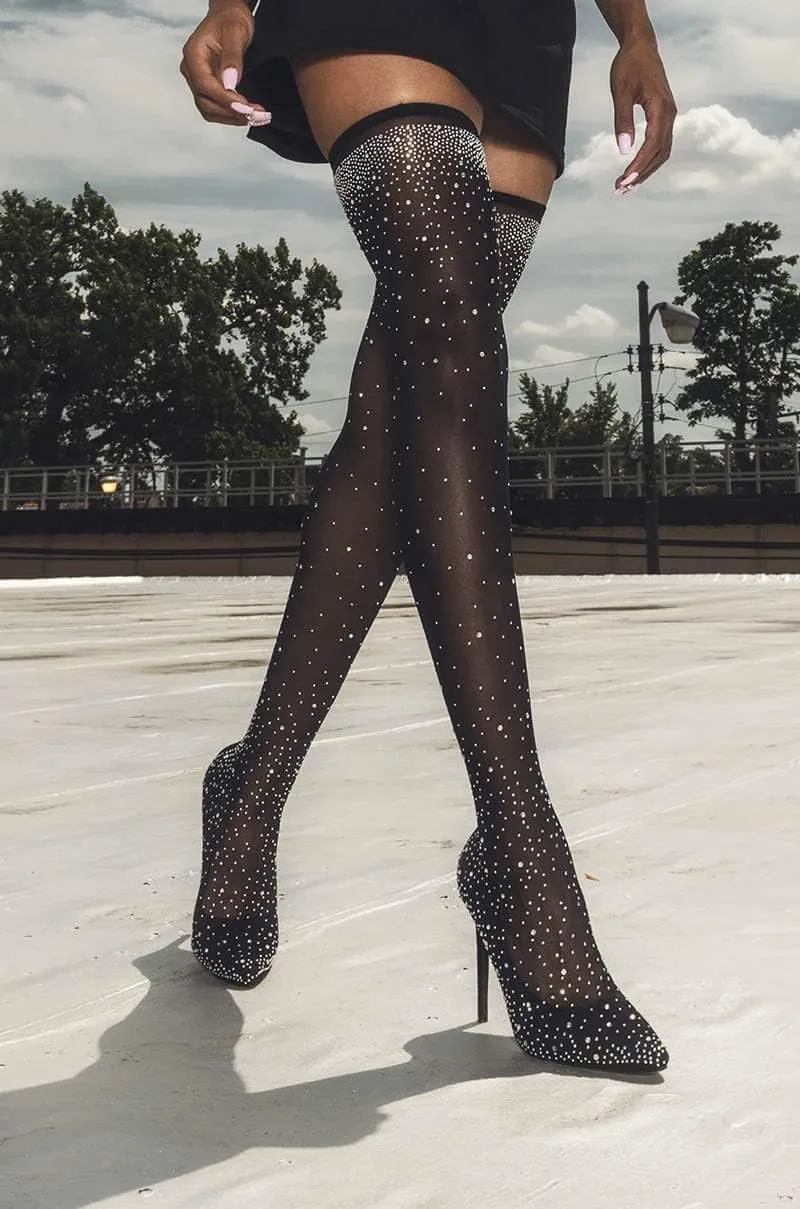 Womens Fine Stretch Mesh Socks Fit Sparkly Glamor Sexy Thigh High Heeled Boots with Rhinestones