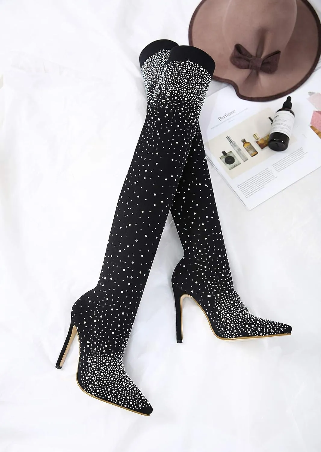 Womens Fine Stretch Mesh Socks Fit Sparkly Glamor Sexy Thigh High Heeled Boots with Rhinestones