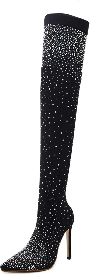 Womens Fine Stretch Mesh Socks Fit Sparkly Glamor Sexy Thigh High Heeled Boots with Rhinestones
