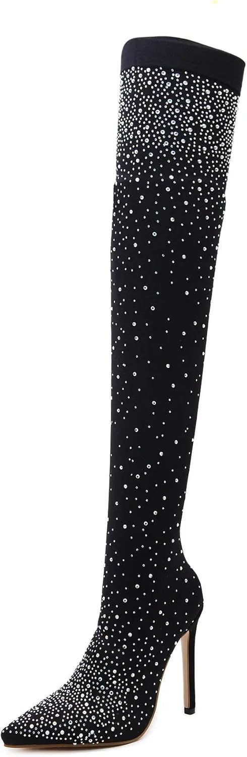 Womens Fine Stretch Mesh Socks Fit Sparkly Glamor Sexy Thigh High Heeled Boots with Rhinestones