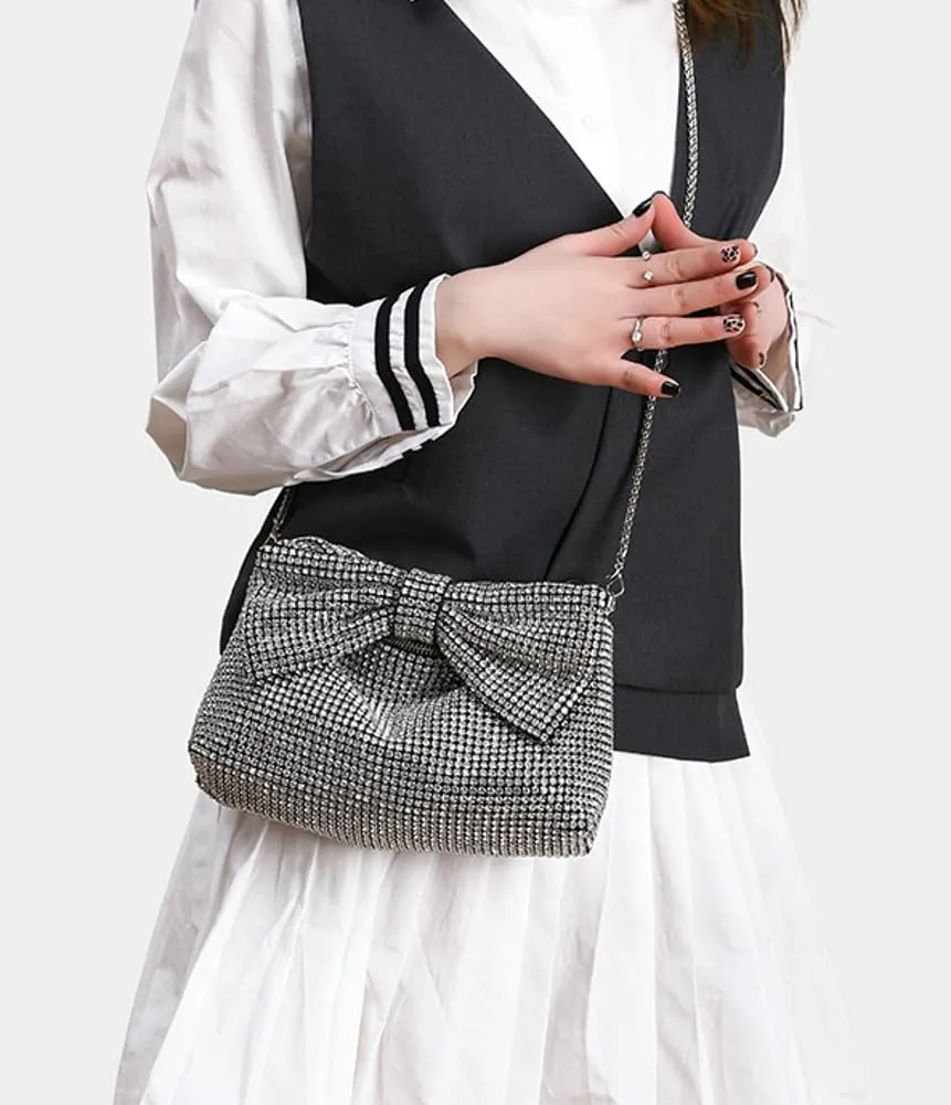 Women's Full Rhinestones Evening Clutch Purses Sparkling Bow Diamond Evening Bag Crossbody Shoulder Handbag Wedding Party