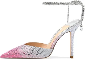 Women's Heeled Sandals Crystal Chain Ankle Straps Rhinestones Buckle High Heels Stiletto Slip On Wedding Party Satin Dress Shoes 3.9 IN