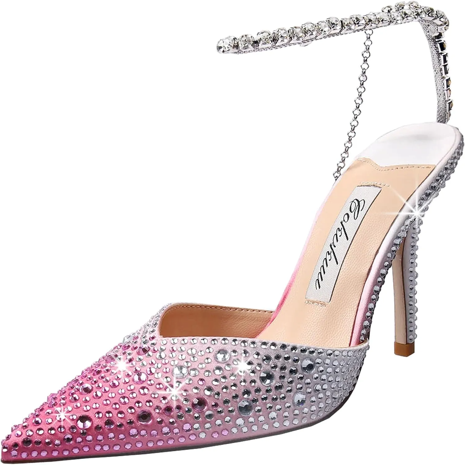 Women's Heeled Sandals Crystal Chain Ankle Straps Rhinestones Buckle High Heels Stiletto Slip On Wedding Party Satin Dress Shoes 3.9 IN