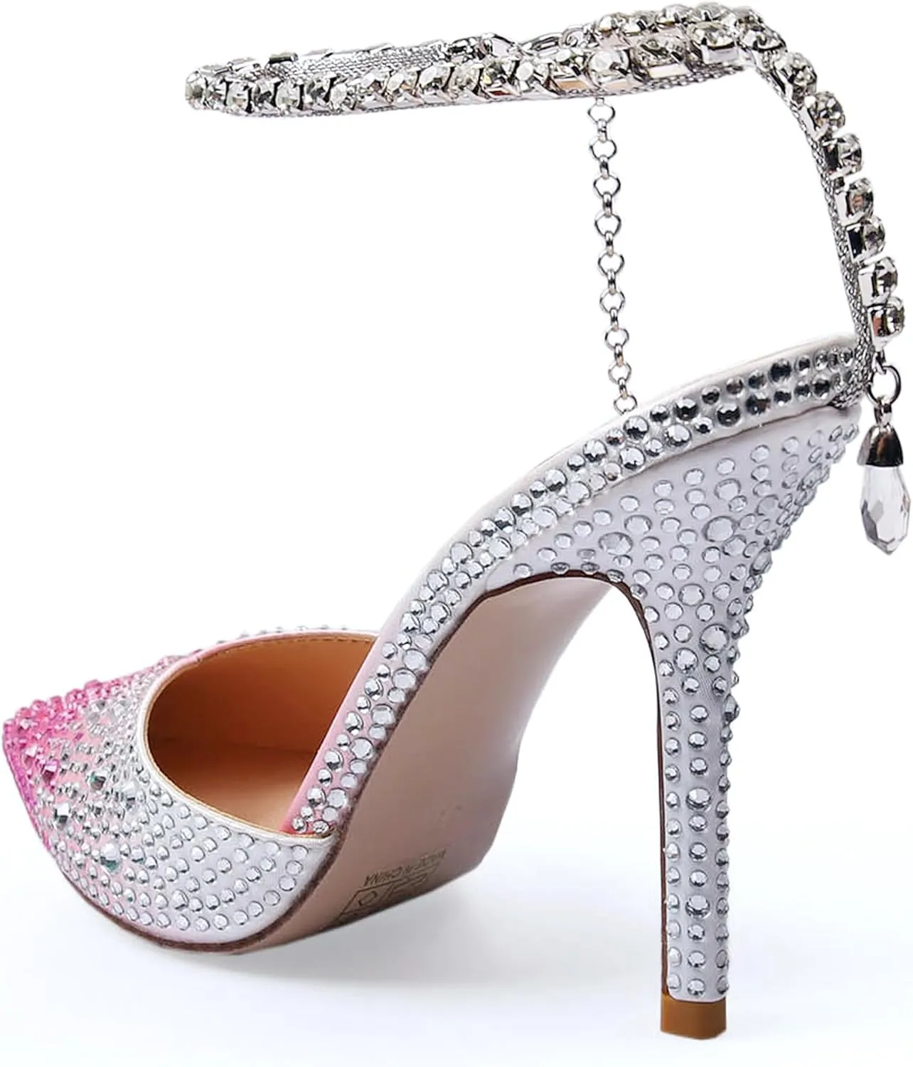 Women's Heeled Sandals Crystal Chain Ankle Straps Rhinestones Buckle High Heels Stiletto Slip On Wedding Party Satin Dress Shoes 3.9 IN
