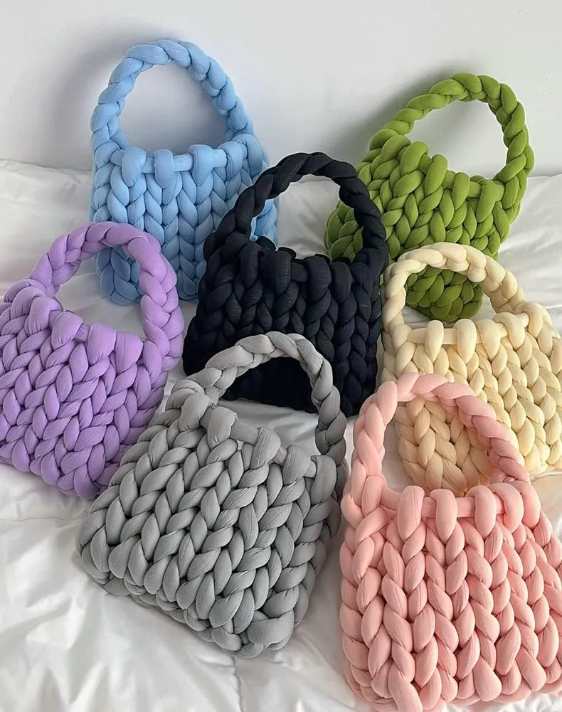 Women's Knit Clutch Bag Handmade Woven Polyeater Knit Satchel Purse Handbag Shoulder Solid Color Bag