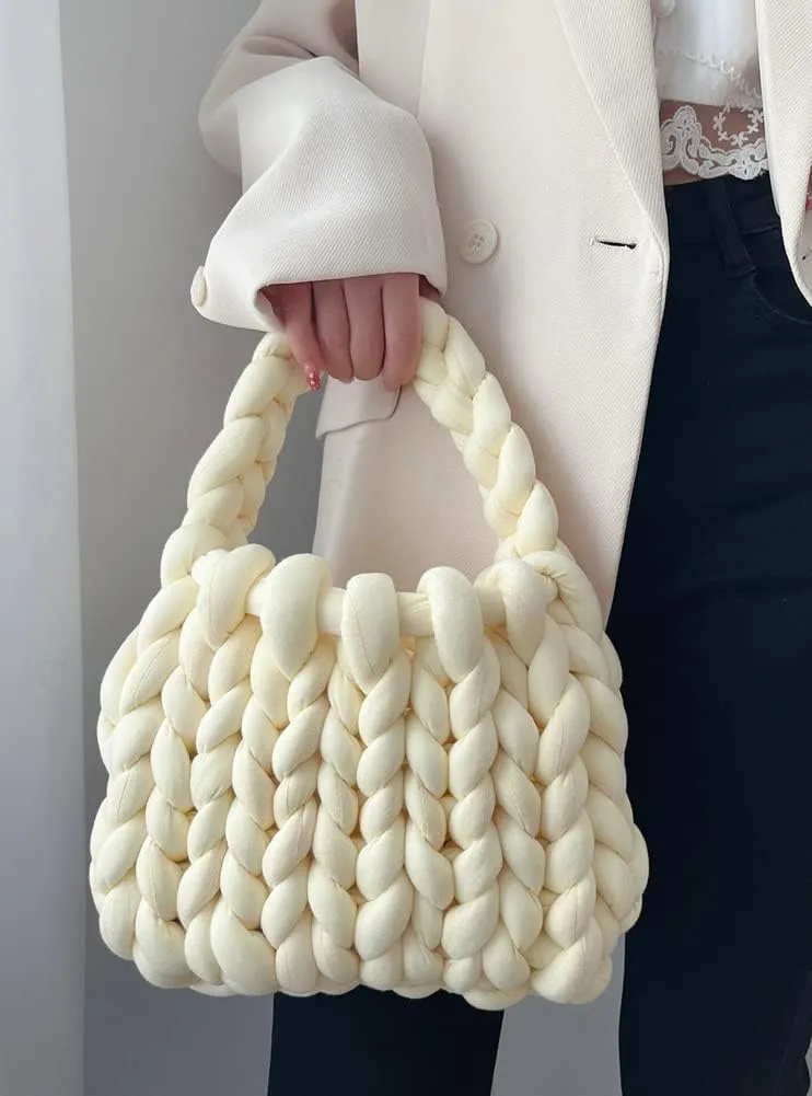 Women's Knit Clutch Bag Handmade Woven Polyeater Knit Satchel Purse Handbag Shoulder Solid Color Bag