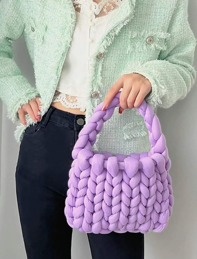 Women's Knit Clutch Bag Handmade Woven Polyeater Knit Satchel Purse Handbag Shoulder Solid Color Bag