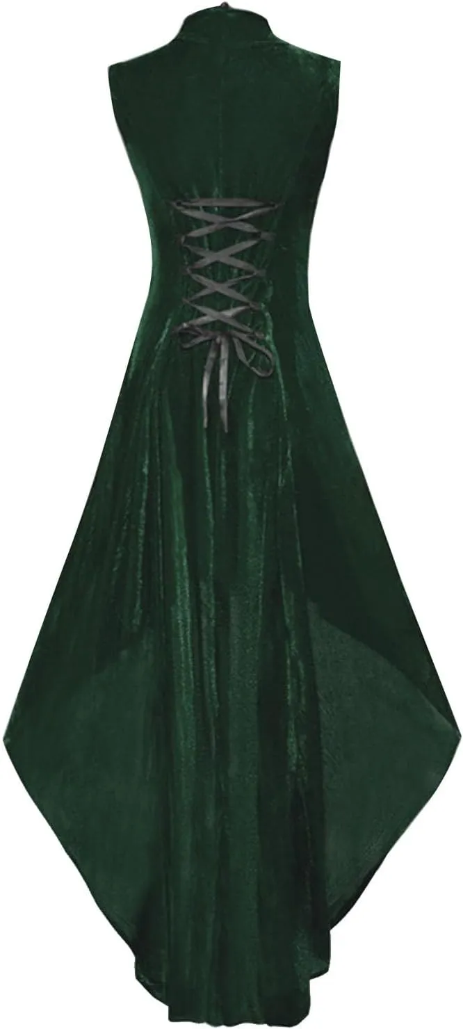 Women's Medieval Retro Gothic Punk Dress Prom Lace Cocktail Velvet Flowy Dresses Sleeveless Lace Up Halloween Dress