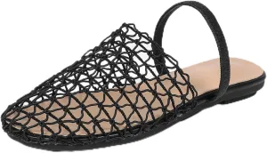 Women’s Mesh Sandals Breathable Knit Straps with Adjustable Heel Strap Woven Fishnet Round Toe Flats Sandals Casual Comfortable Mules