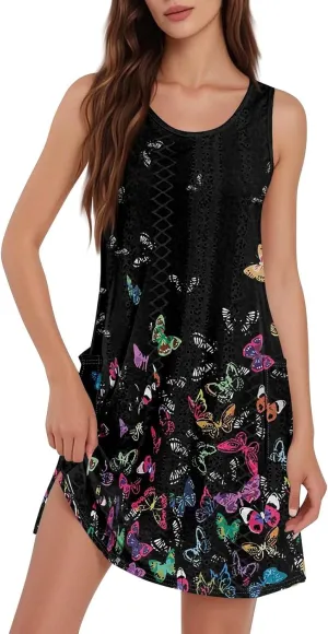 Women's Resort Dresses 2025 Crewneck Sleeveless Loose Geometric Print Tank Mini T-Shirts Sundress, S-3XL