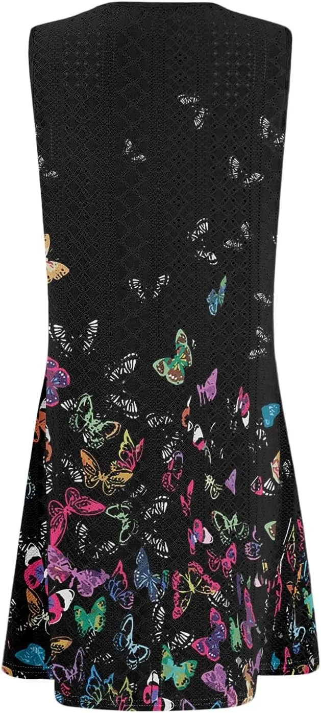 Women's Resort Dresses 2025 Crewneck Sleeveless Loose Geometric Print Tank Mini T-Shirts Sundress, S-3XL