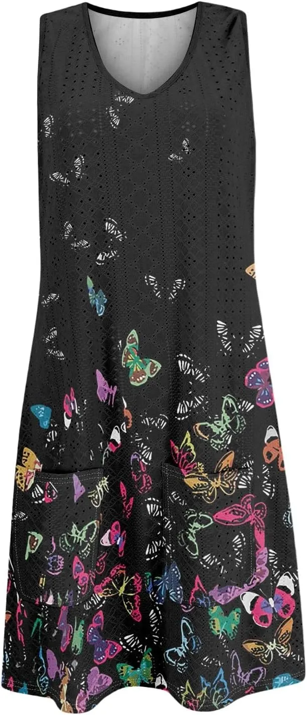 Women's Resort Dresses 2025 Crewneck Sleeveless Loose Geometric Print Tank Mini T-Shirts Sundress, S-3XL