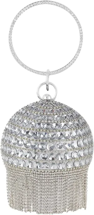 Women’s Round Ball Evening Bag Crystal Tassel Clutch Purse Sparkly Rhinestone Shoulder Bag Bridal Wedding Purse