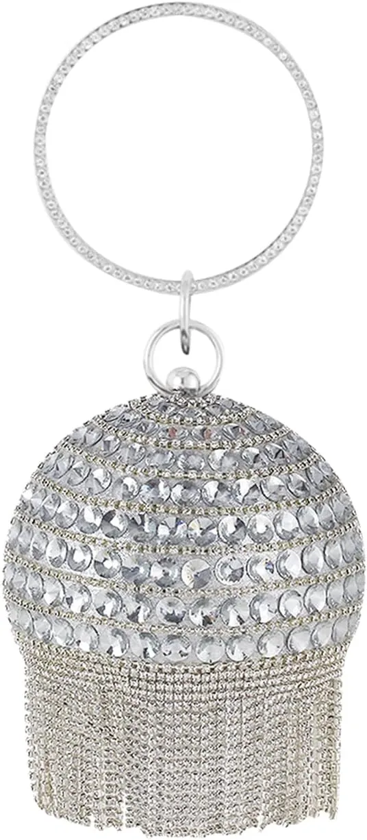 Women’s Round Ball Evening Bag Crystal Tassel Clutch Purse Sparkly Rhinestone Shoulder Bag Bridal Wedding Purse