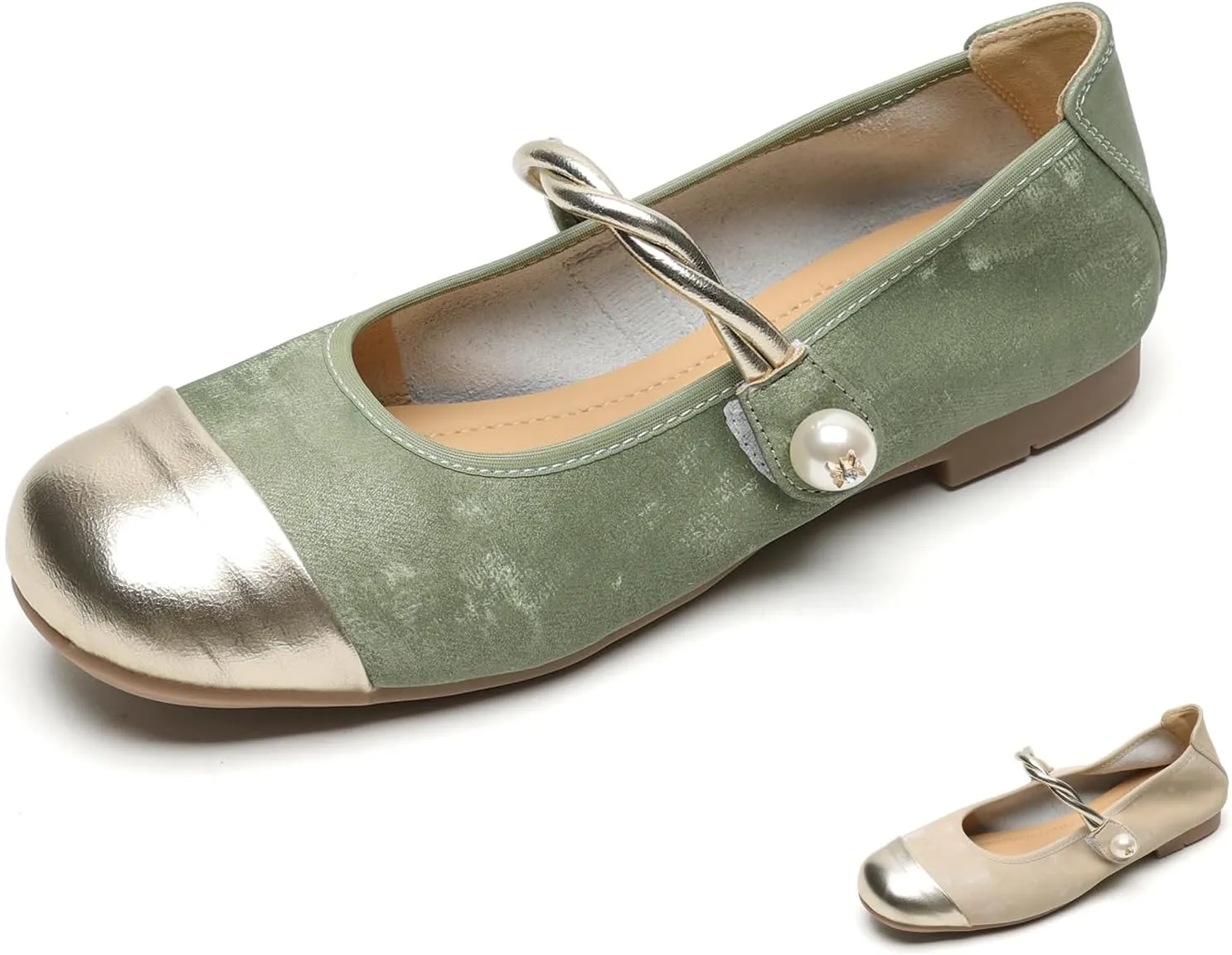Women's Satin Pearl Mary Jane Flats with Hook and Loop Strap Fashion Round Toe Shallow Mouth Roll-Up Ballet Flats Comfortable Casual Foldable Soft Sole Wedding Guest Flats