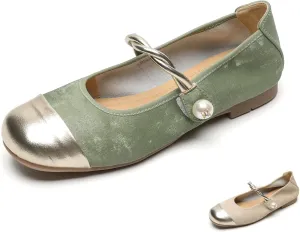 Women's Satin Pearl Mary Jane Flats with Hook and Loop Strap Fashion Round Toe Shallow Mouth Roll-Up Ballet Flats Comfortable Casual Foldable Soft Sole Wedding Guest Flats