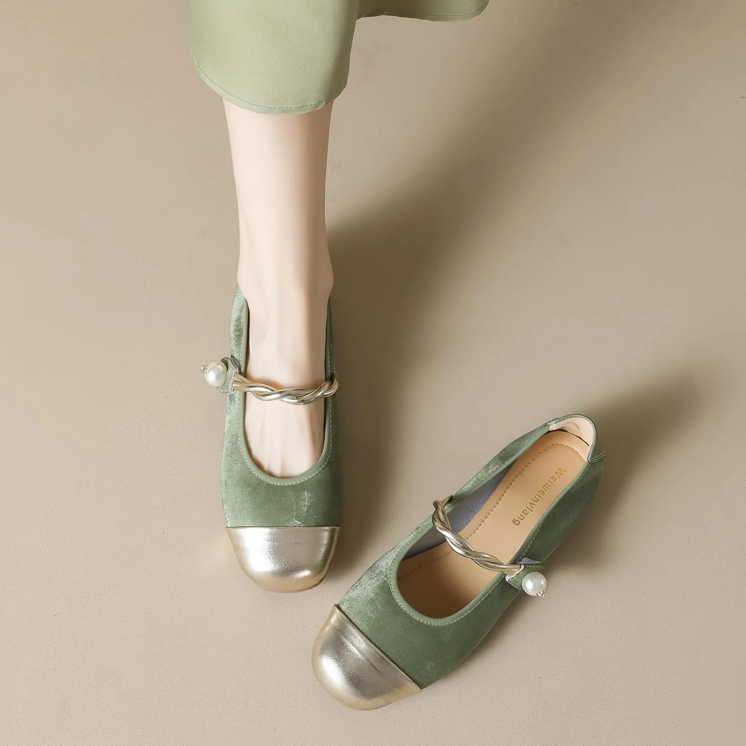 Women's Satin Pearl Mary Jane Flats with Hook and Loop Strap Fashion Round Toe Shallow Mouth Roll-Up Ballet Flats Comfortable Casual Foldable Soft Sole Wedding Guest Flats