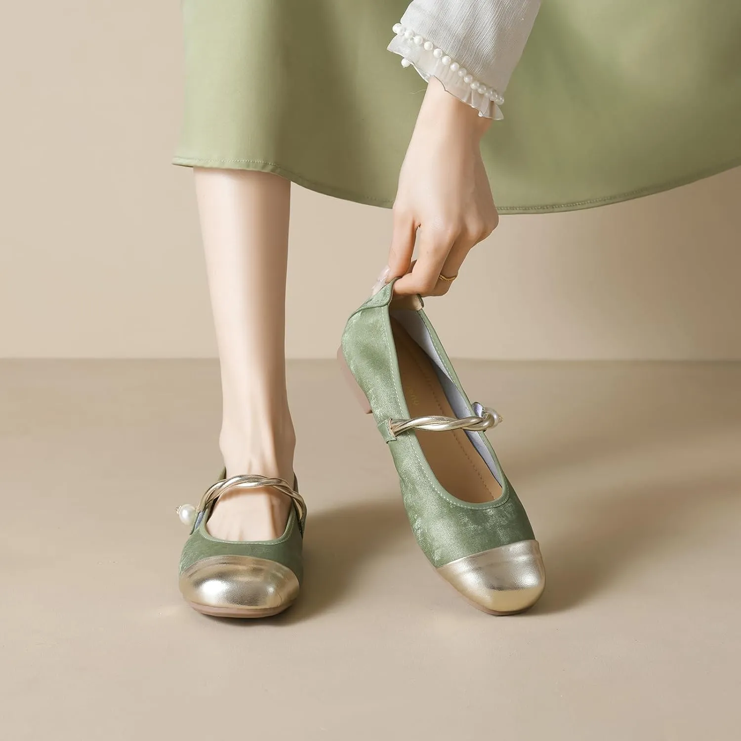 Women's Satin Pearl Mary Jane Flats with Hook and Loop Strap Fashion Round Toe Shallow Mouth Roll-Up Ballet Flats Comfortable Casual Foldable Soft Sole Wedding Guest Flats