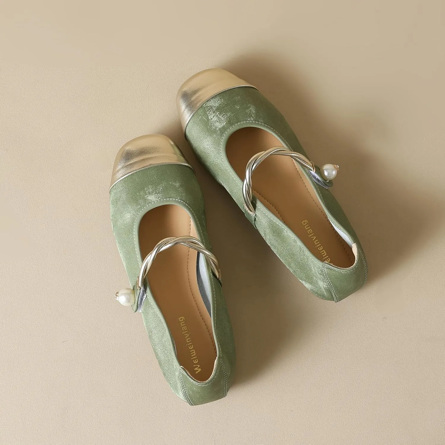Women's Satin Pearl Mary Jane Flats with Hook and Loop Strap Fashion Round Toe Shallow Mouth Roll-Up Ballet Flats Comfortable Casual Foldable Soft Sole Wedding Guest Flats