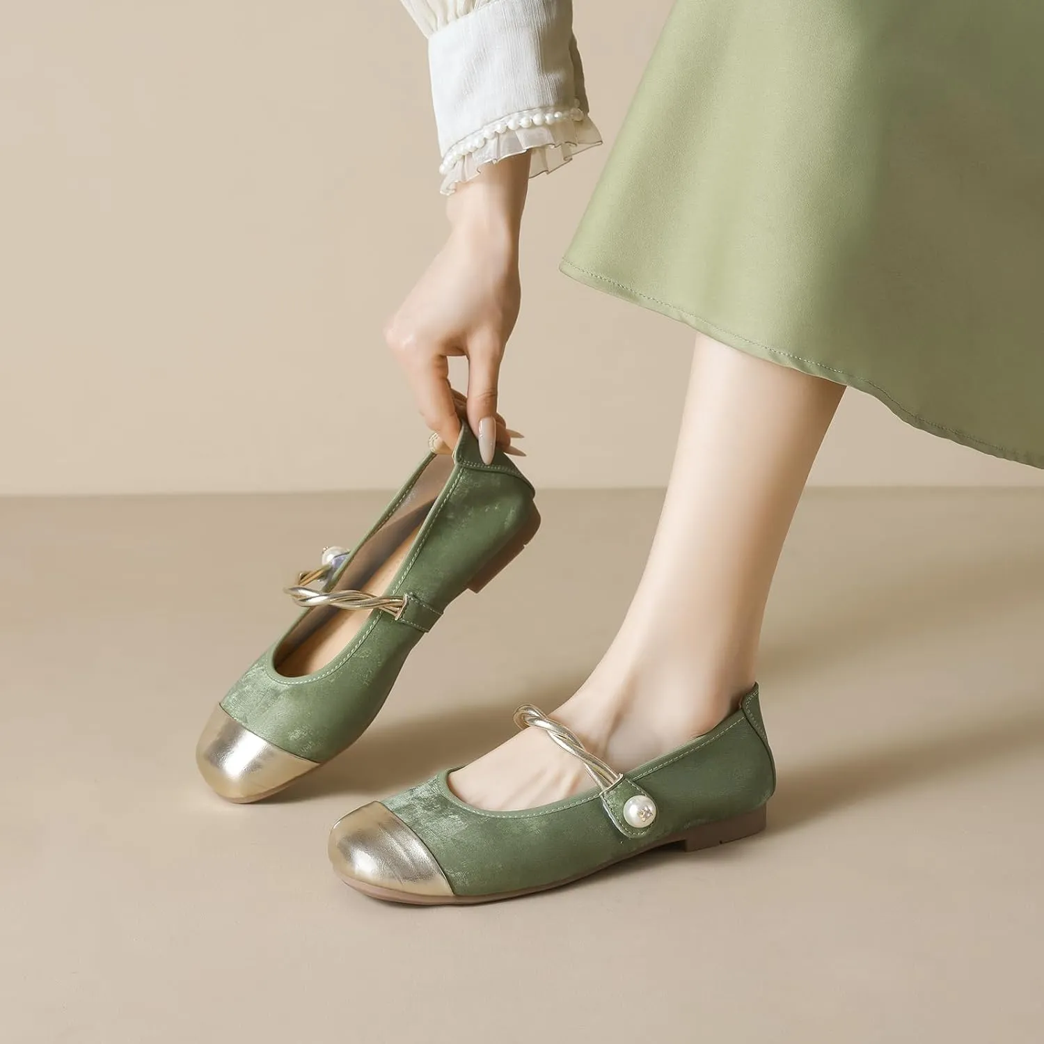 Women's Satin Pearl Mary Jane Flats with Hook and Loop Strap Fashion Round Toe Shallow Mouth Roll-Up Ballet Flats Comfortable Casual Foldable Soft Sole Wedding Guest Flats