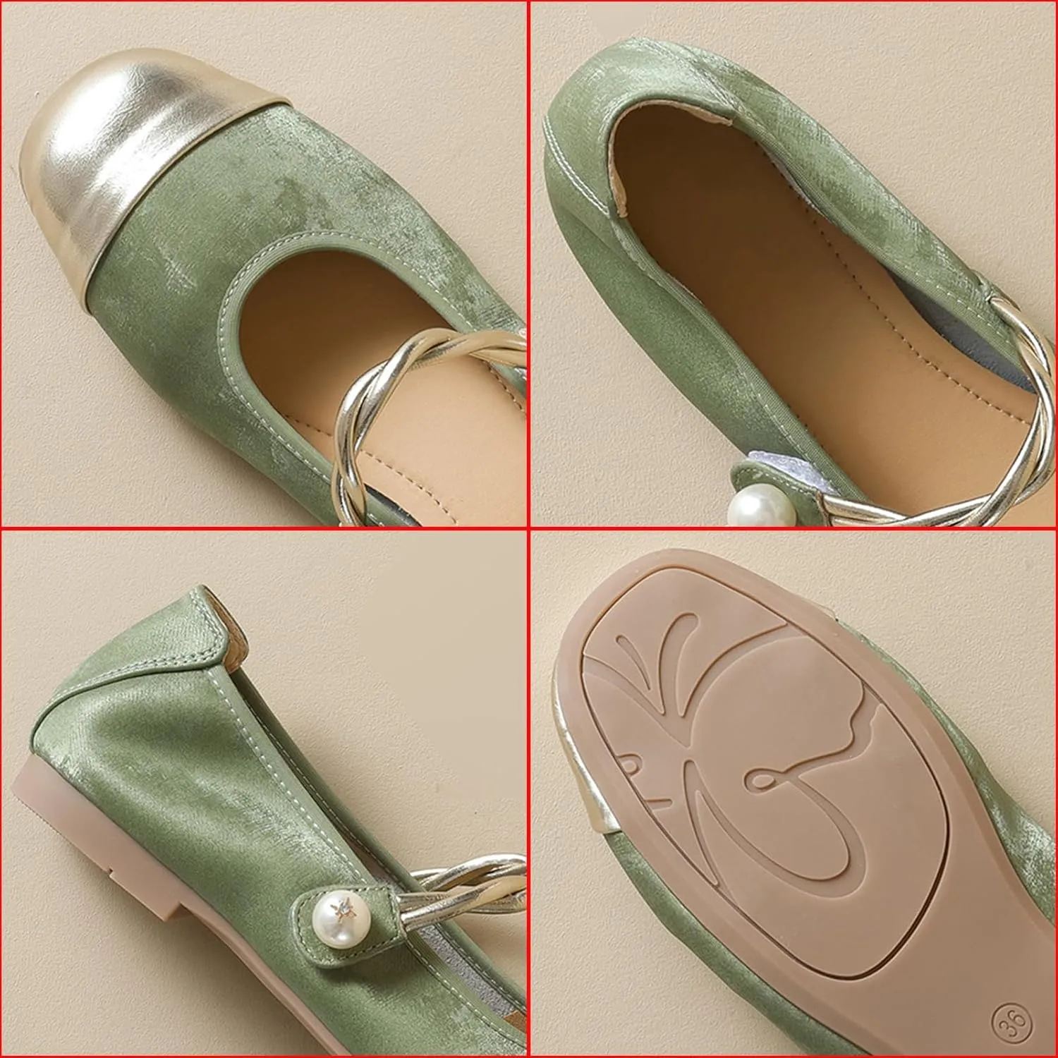 Women's Satin Pearl Mary Jane Flats with Hook and Loop Strap Fashion Round Toe Shallow Mouth Roll-Up Ballet Flats Comfortable Casual Foldable Soft Sole Wedding Guest Flats