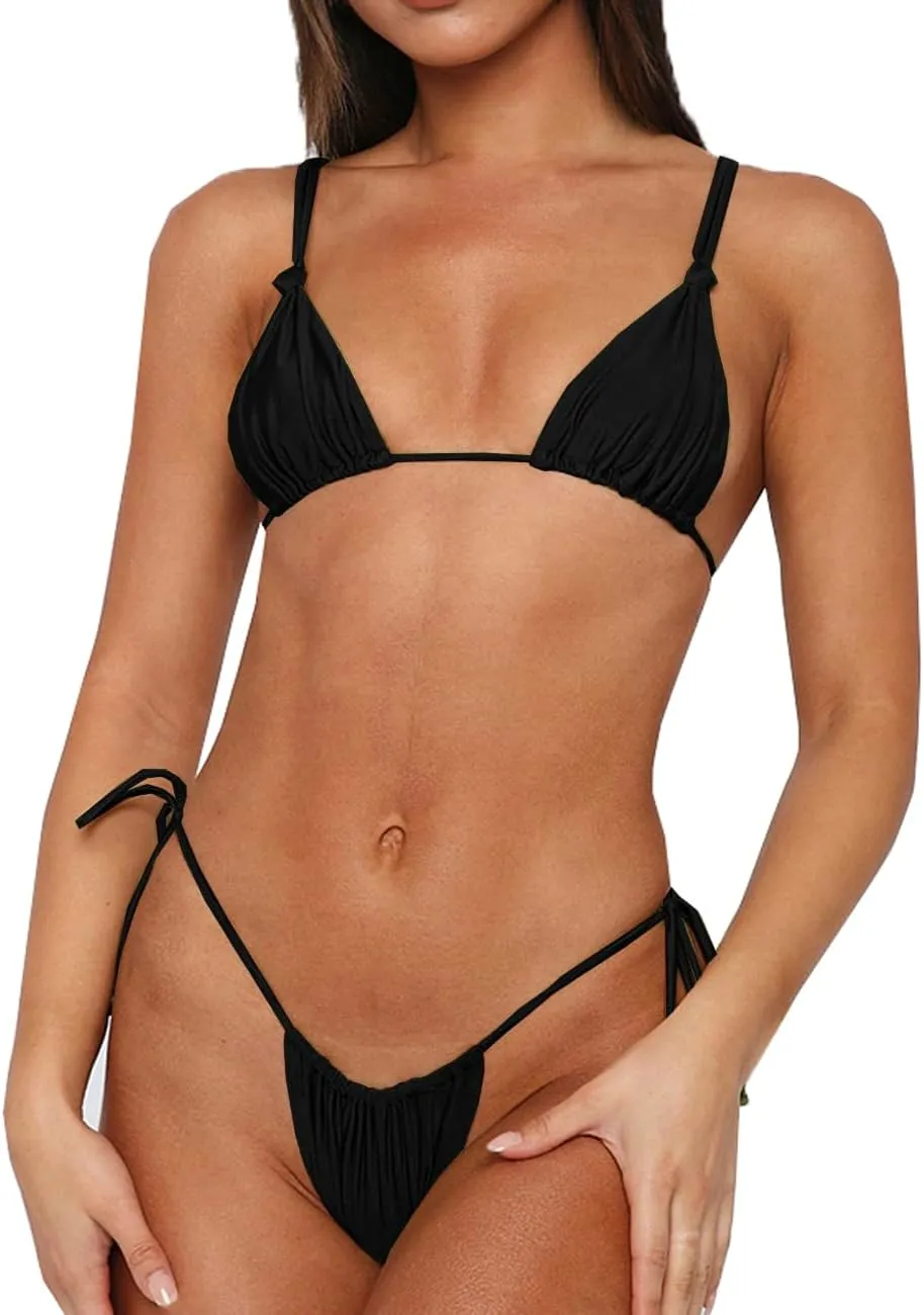 Womens Sexy Bikini Set Thong Hater String Cheeky Two Piece Swimsuits Double Shoulder Straps Swimwear with Adjustable Buckle