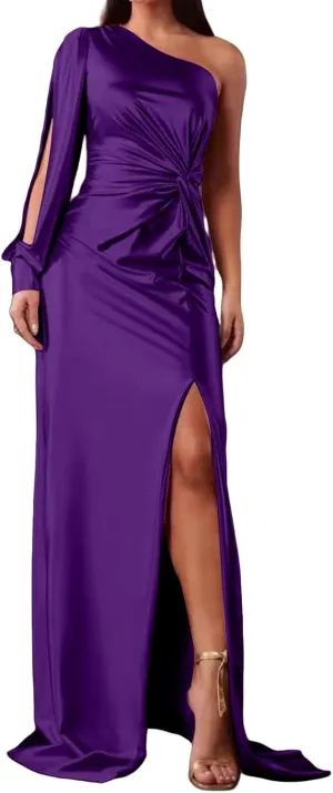 Women's Sexy One Shoulder High Split Cocktail Wedding Party Maxi Dress Off Shoulder High Split Long Formal Dress