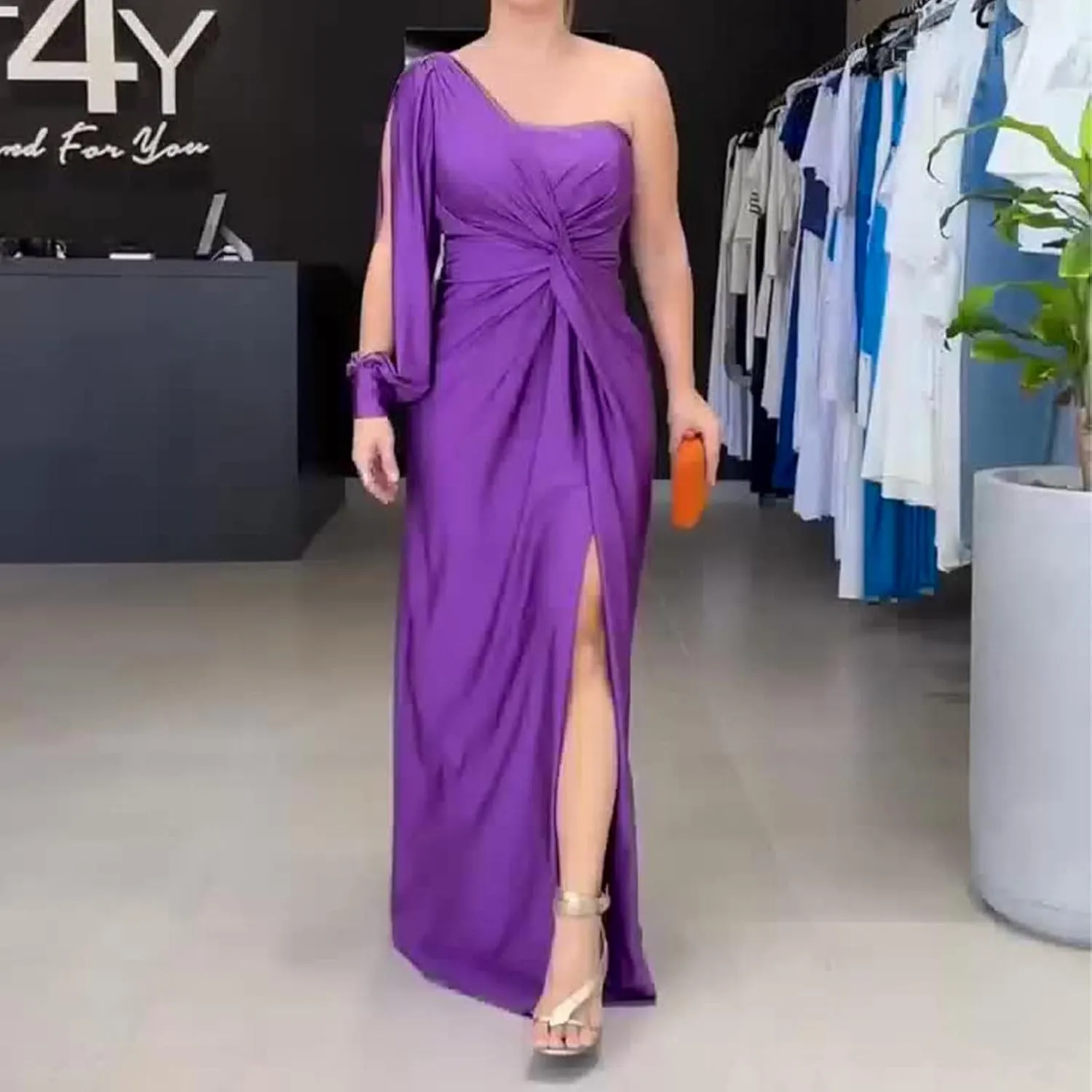 Women's Sexy One Shoulder High Split Cocktail Wedding Party Maxi Dress Off Shoulder High Split Long Formal Dress