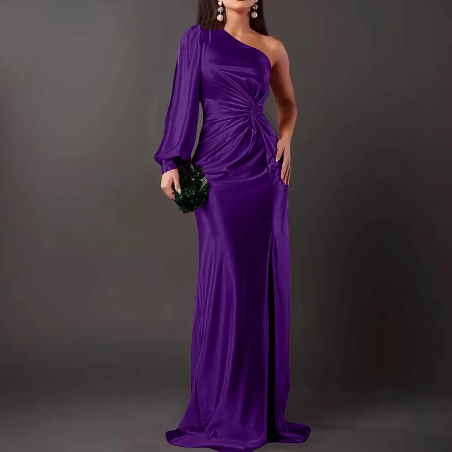 Women's Sexy One Shoulder High Split Cocktail Wedding Party Maxi Dress Off Shoulder High Split Long Formal Dress