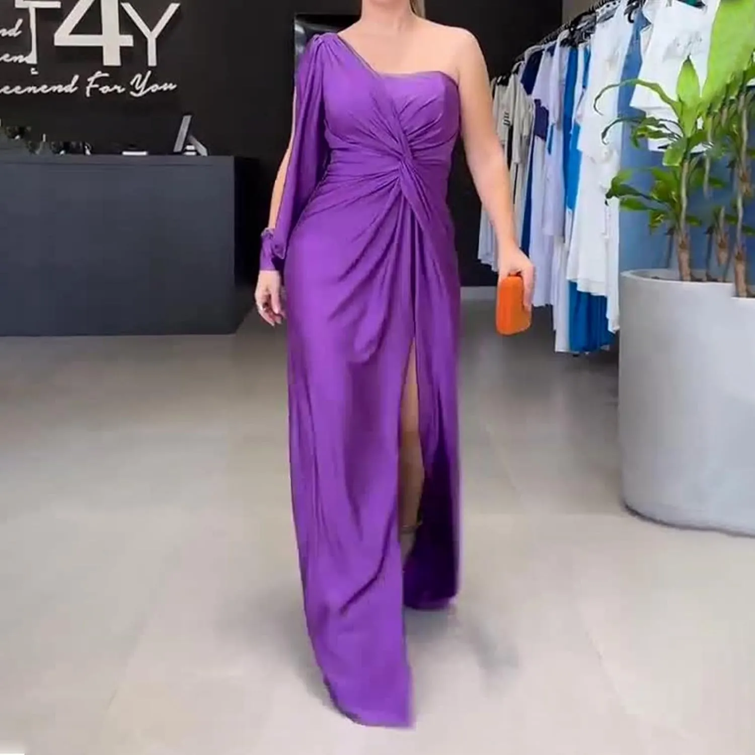 Women's Sexy One Shoulder High Split Cocktail Wedding Party Maxi Dress Off Shoulder High Split Long Formal Dress