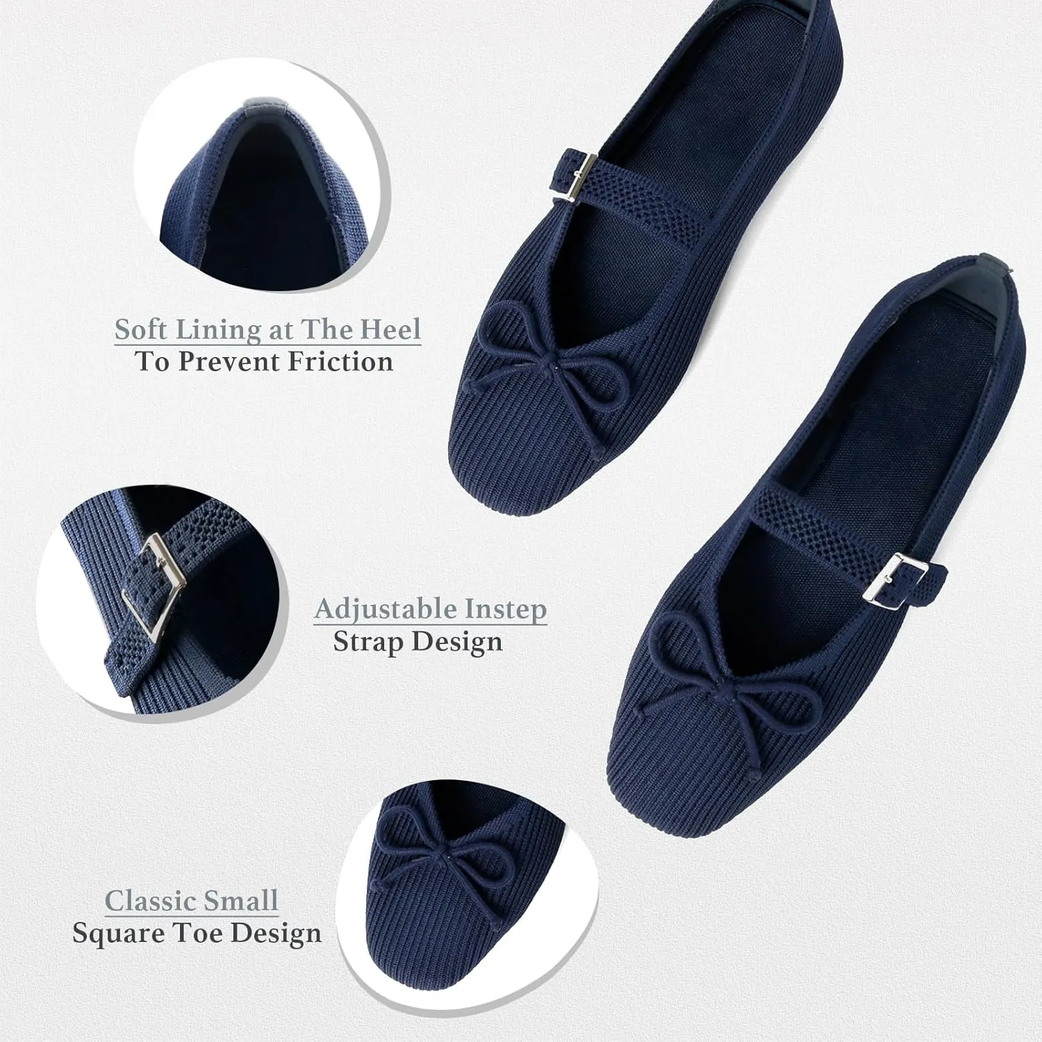 Women's Square Toe Flats With Bowknot, Mary Jane Ballet Washable Knit Shoes, Adjustable Straps, Comfortable Office Wear