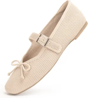 Women's Square Toe Flats With Bowknot, Mary Jane Ballet Washable Knit Shoes, Adjustable Straps, Comfortable Office Wear
