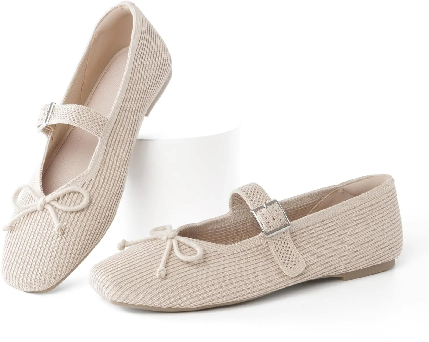 Women's Square Toe Flats With Bowknot, Mary Jane Ballet Washable Knit Shoes, Adjustable Straps, Comfortable Office Wear