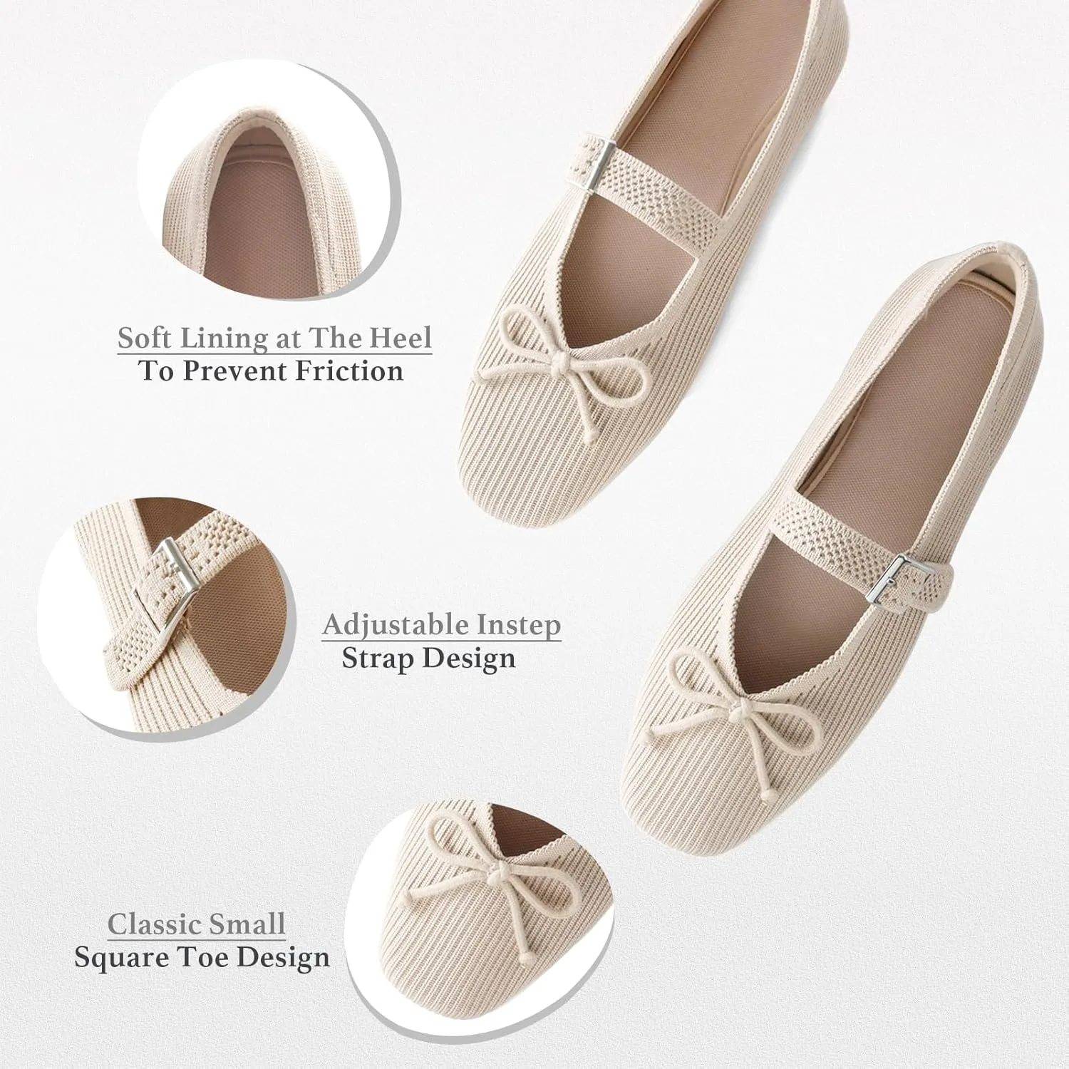 Women's Square Toe Flats With Bowknot, Mary Jane Ballet Washable Knit Shoes, Adjustable Straps, Comfortable Office Wear