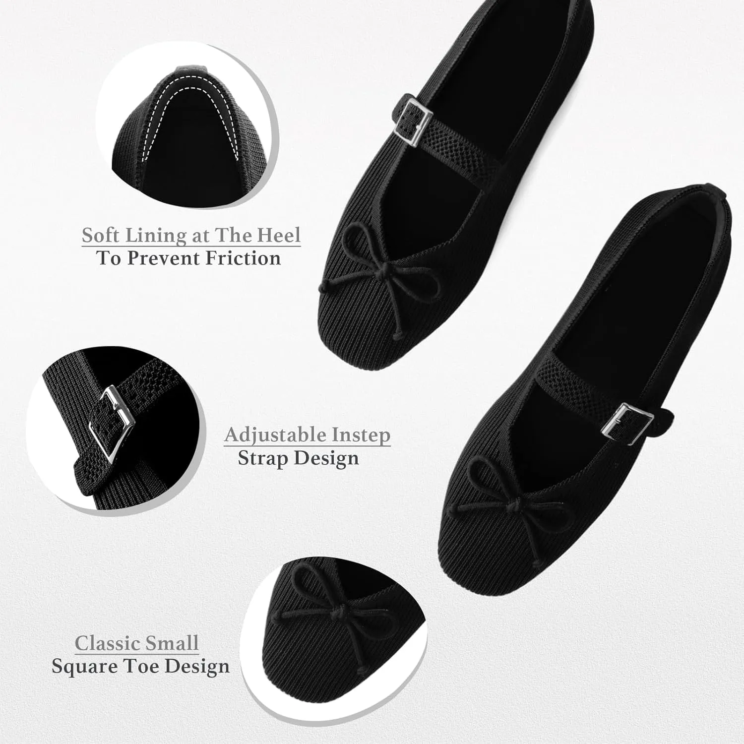 Women's Square Toe Flats With Bowknot, Mary Jane Ballet Washable Knit Shoes, Adjustable Straps, Comfortable Office Wear
