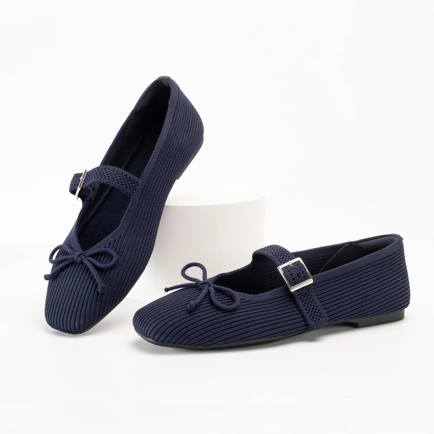 Women's Square Toe Flats With Bowknot, Mary Jane Ballet Washable Knit Shoes, Adjustable Straps, Comfortable Office Wear