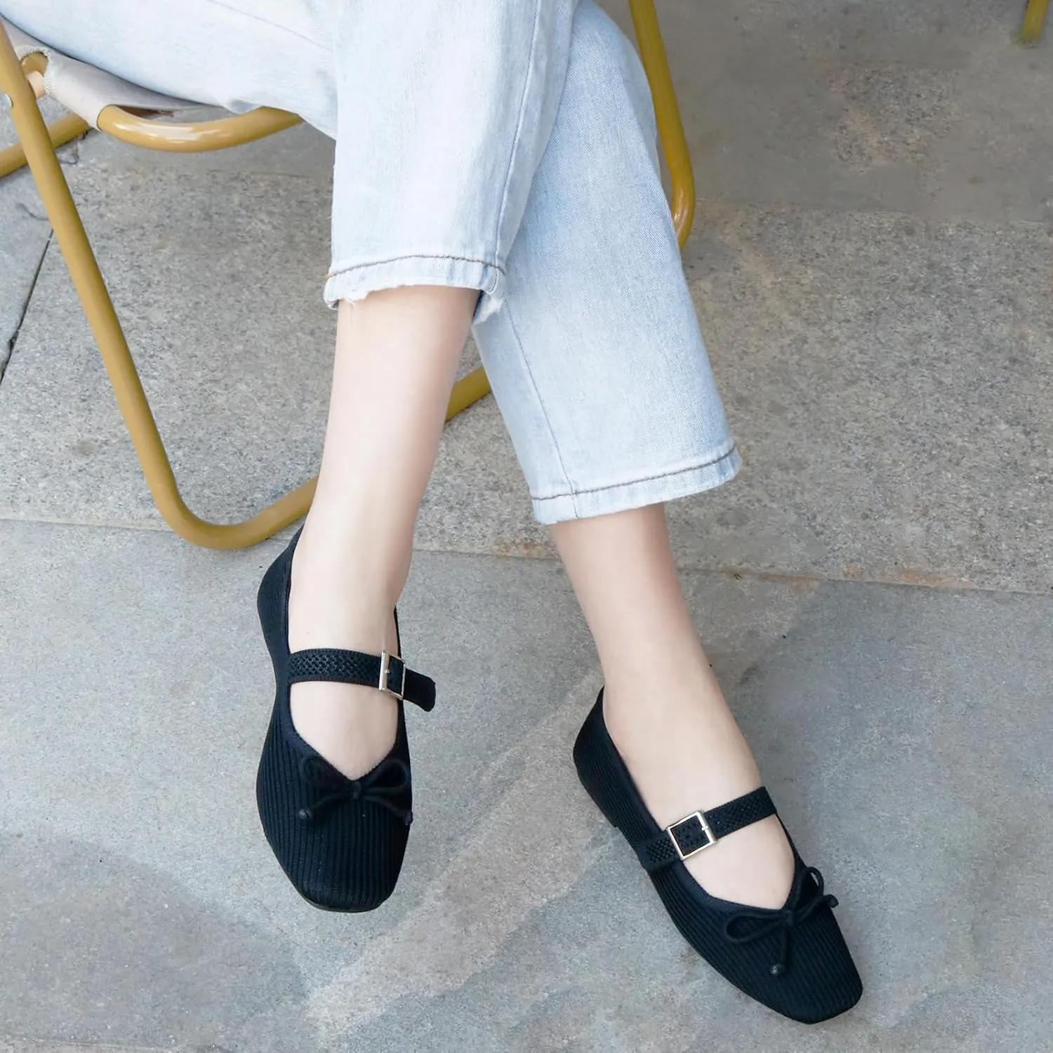 Women's Square Toe Flats With Bowknot, Mary Jane Ballet Washable Knit Shoes, Adjustable Straps, Comfortable Office Wear