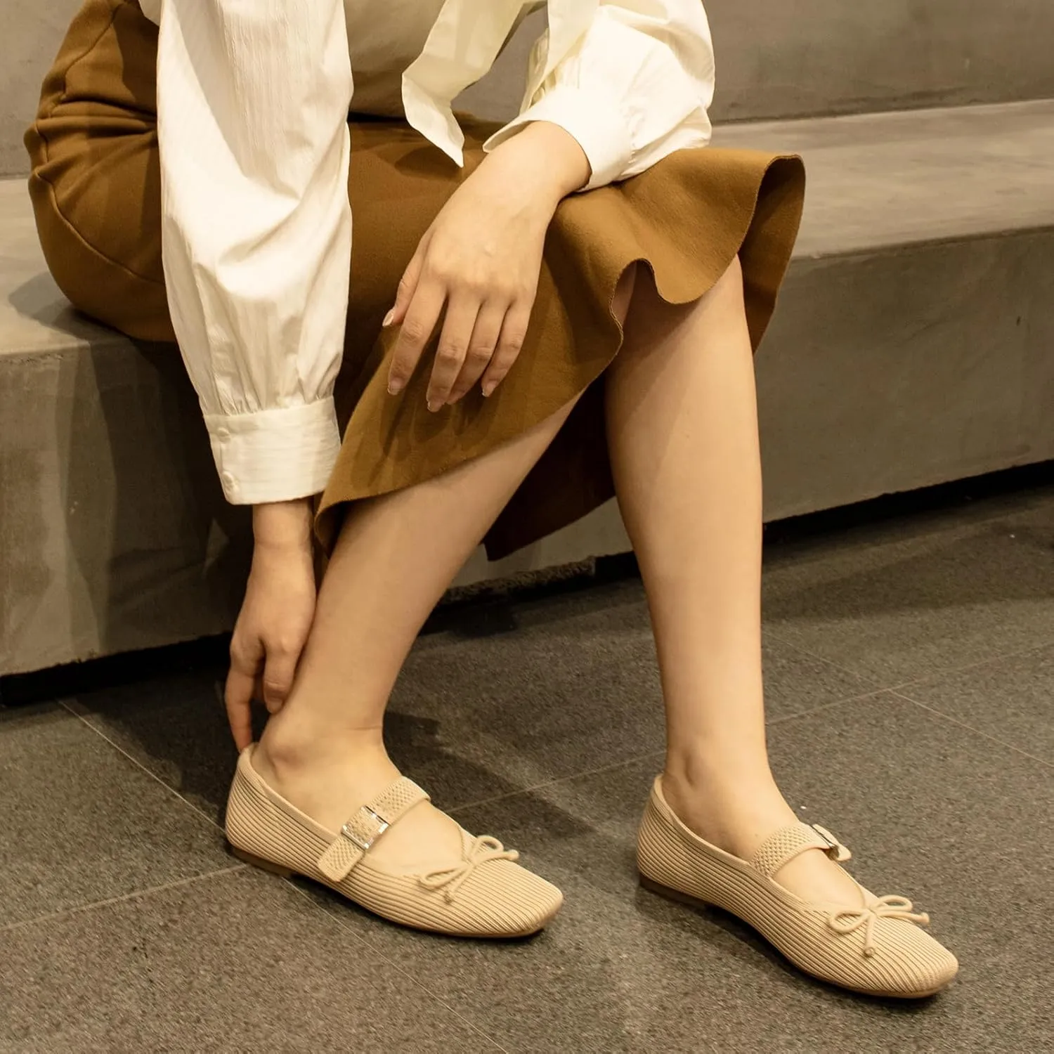 Women's Square Toe Flats With Bowknot, Mary Jane Ballet Washable Knit Shoes, Adjustable Straps, Comfortable Office Wear