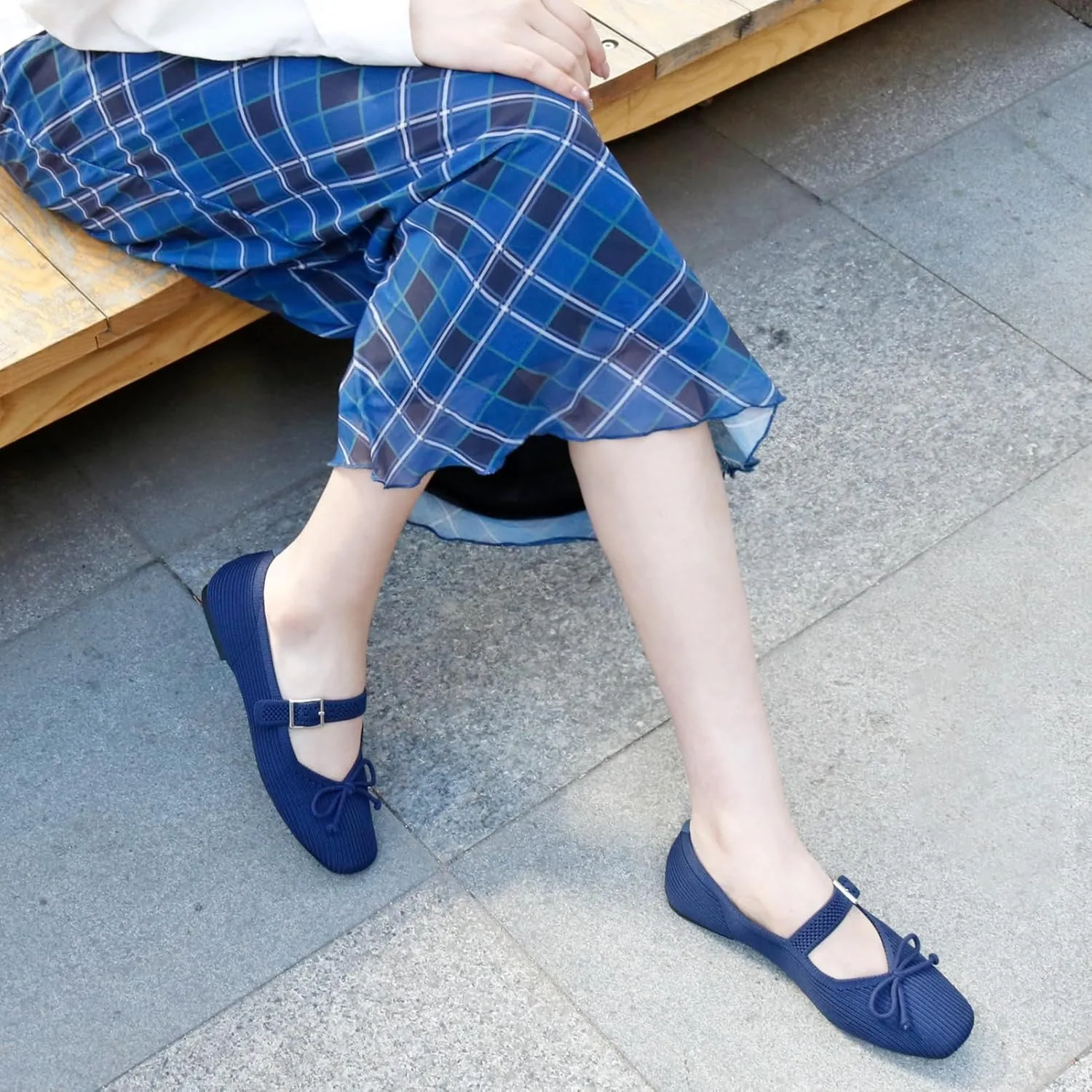 Women's Square Toe Flats With Bowknot, Mary Jane Ballet Washable Knit Shoes, Adjustable Straps, Comfortable Office Wear