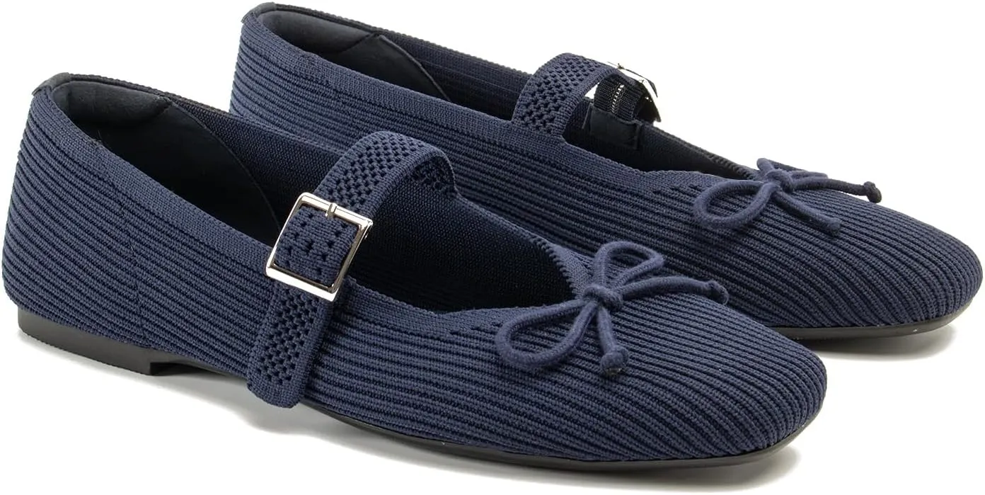 Women's Square Toe Flats With Bowknot, Mary Jane Ballet Washable Knit Shoes, Adjustable Straps, Comfortable Office Wear