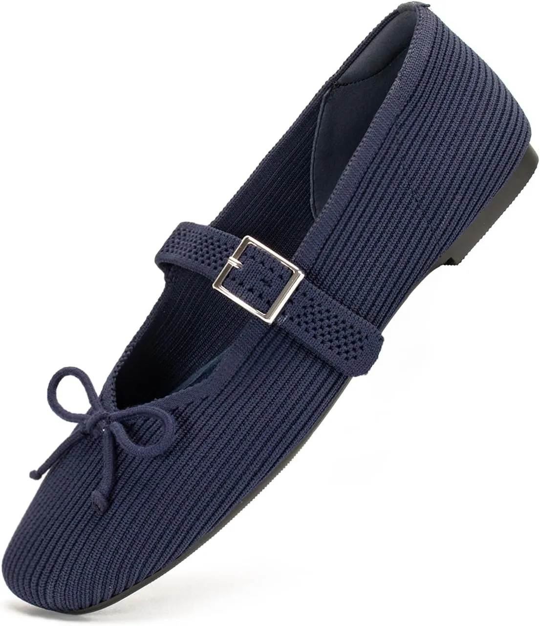 Women's Square Toe Flats With Bowknot, Mary Jane Ballet Washable Knit Shoes, Adjustable Straps, Comfortable Office Wear