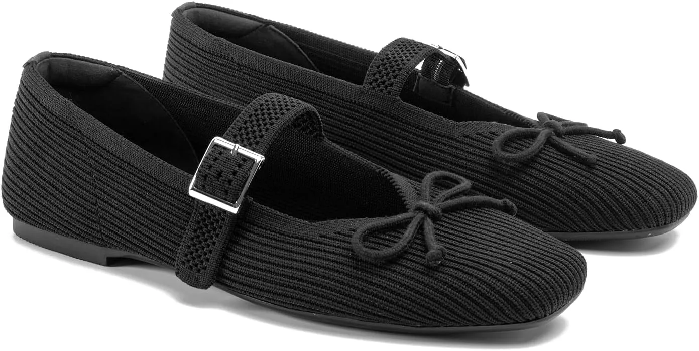 Women's Square Toe Flats With Bowknot, Mary Jane Ballet Washable Knit Shoes, Adjustable Straps, Comfortable Office Wear
