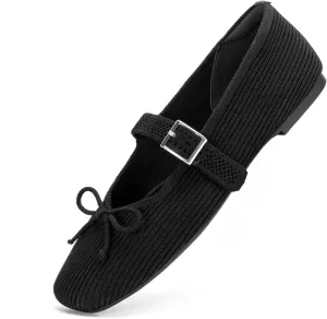 Women's Square Toe Flats With Bowknot, Mary Jane Ballet Washable Knit Shoes, Adjustable Straps, Comfortable Office Wear