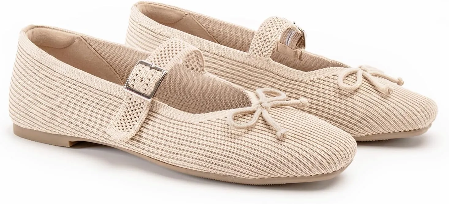 Women's Square Toe Flats With Bowknot, Mary Jane Ballet Washable Knit Shoes, Adjustable Straps, Comfortable Office Wear