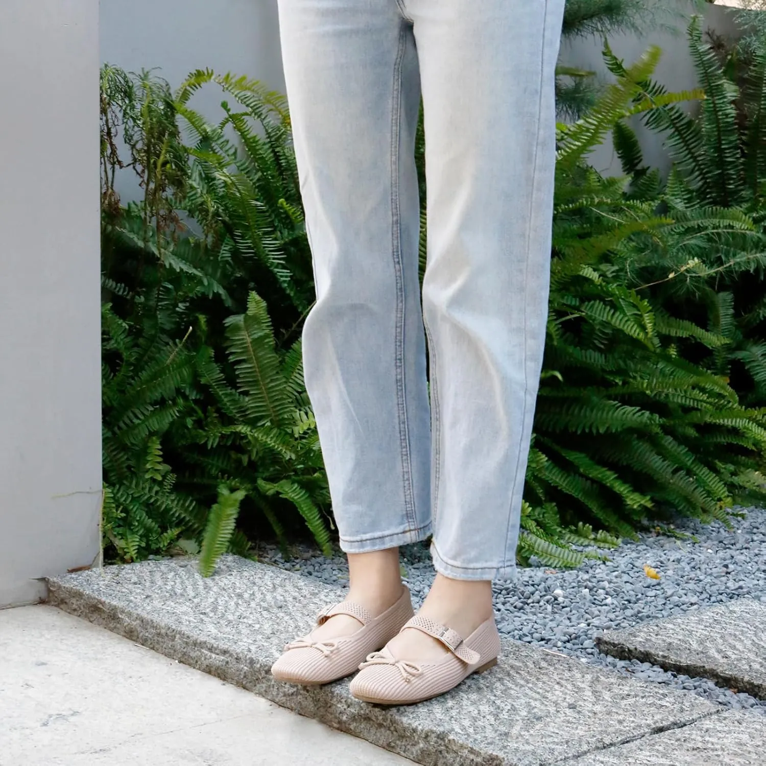 Women's Square Toe Flats With Bowknot, Mary Jane Ballet Washable Knit Shoes, Adjustable Straps, Comfortable Office Wear